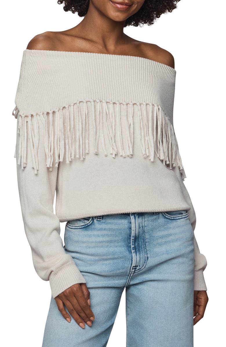 Splendid Simone Fringe Off the Shoulder Sweater, Main, color, Pale Oak