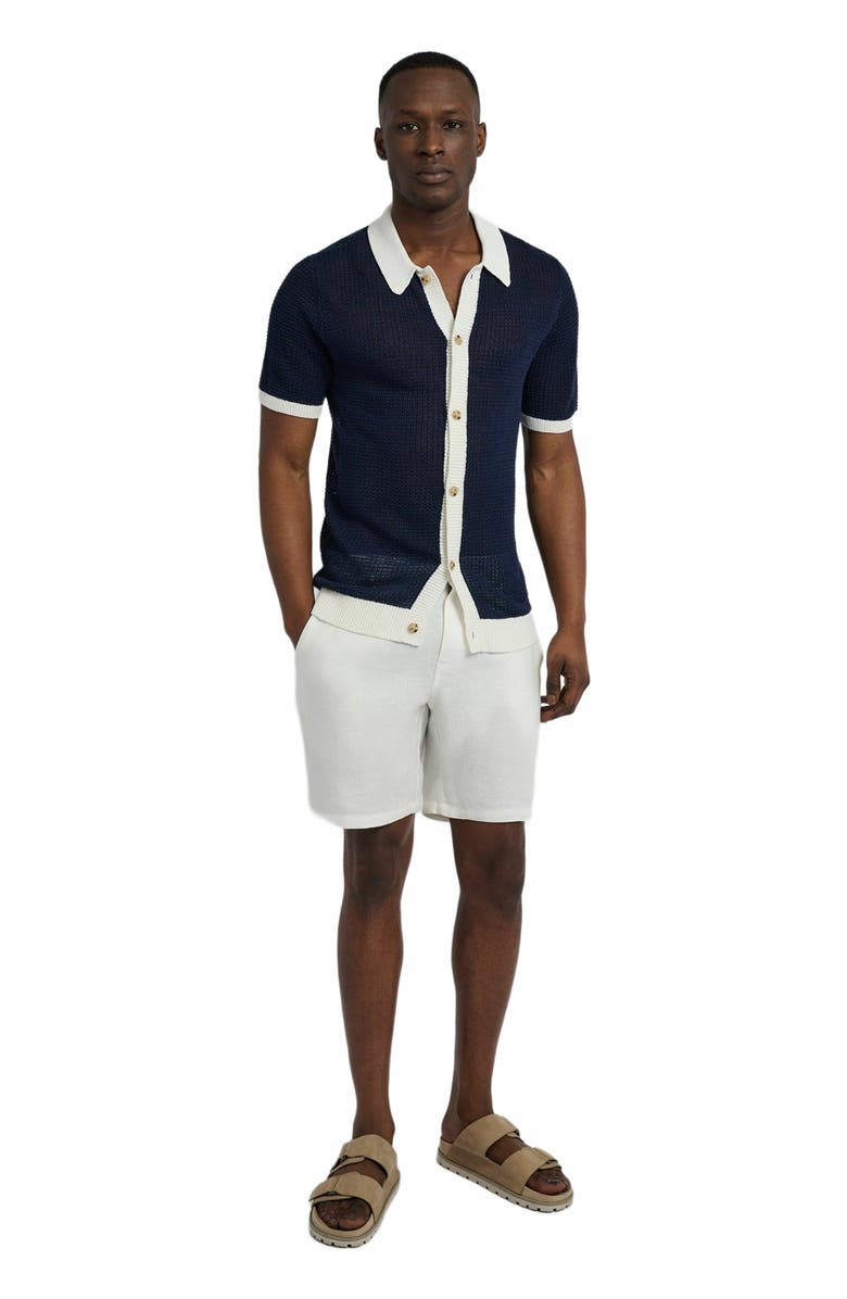 Onia Linen Short Sleeve Button Up Sweater, Main, color, Deep Navy/White