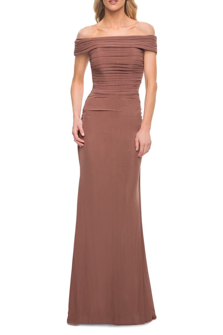 Off the Shoulder Ruched Jersey Trumpet Gown, Main, color, COCOA
