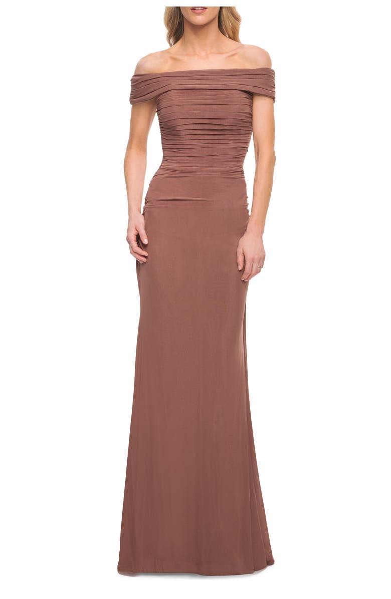 La Femme Ruched Off the Shoulder Net Jersey Evening Dress, Main, color, Cocoa
