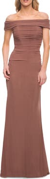 La Femme Off the Shoulder Ruched Jersey Trumpet Gown