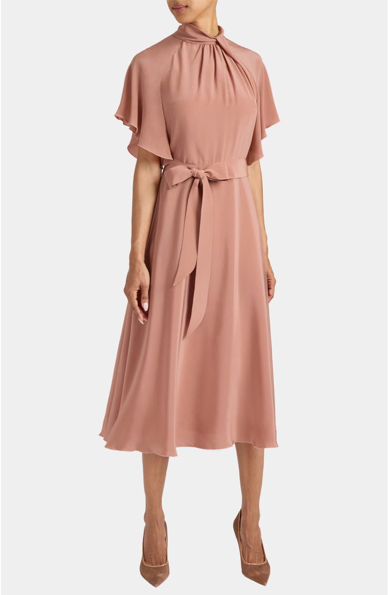 Santorelli Niki Silk Mock Neck Midi Dress with Short Cape Sleeves, Alternate, color, Peach Whip