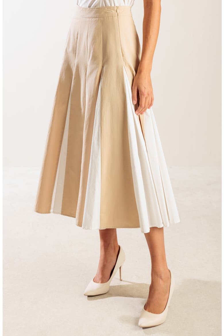 Colorblocked Cotton Pleated Midi Skirt, Alternate, color, KHAKI/ WHITE