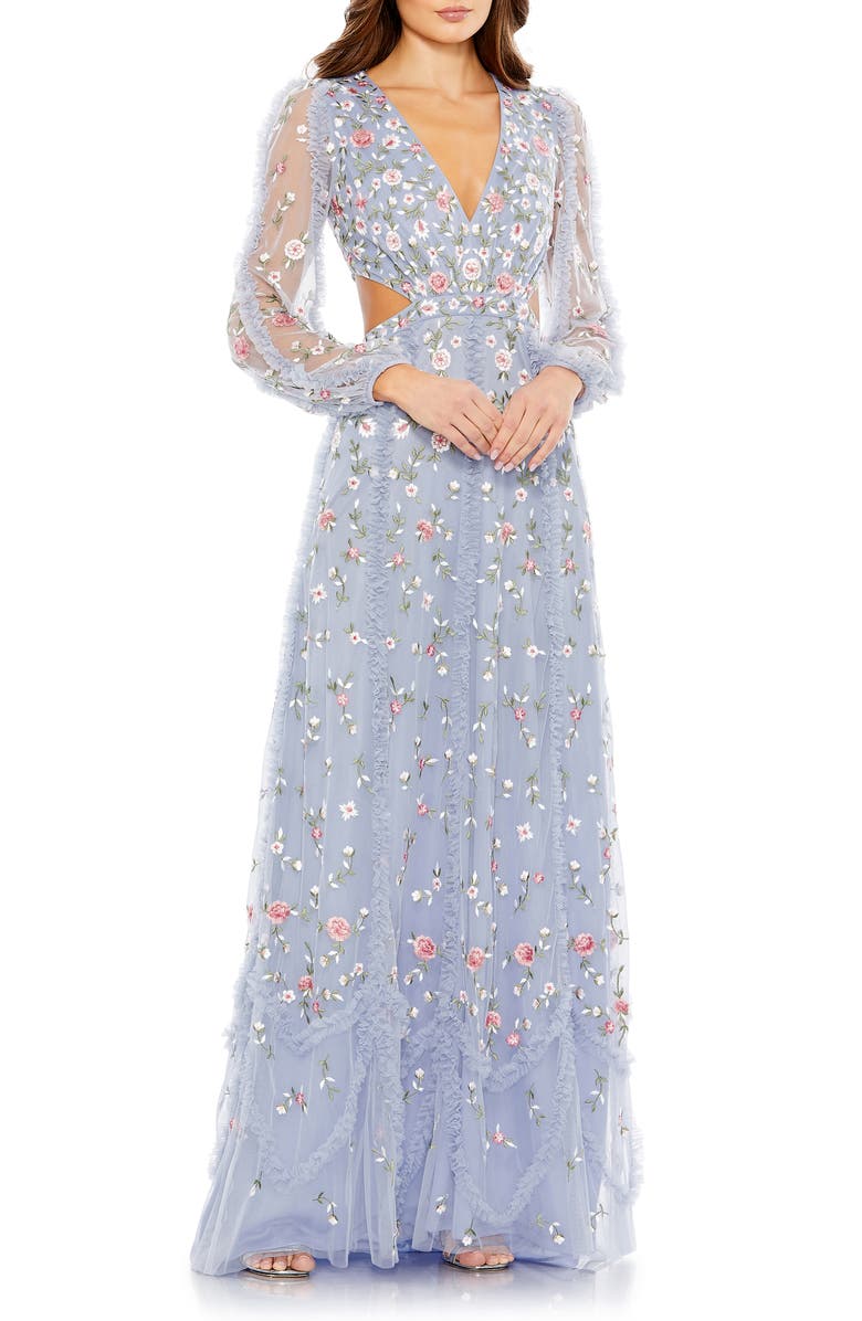Mac Duggal Long Blouson Sleeve Floral Embroidery Cut Out A-Line Gown, Main, color, Periwinkle