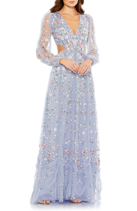 Long Blouson Sleeve Floral Embroidery Cut Out A-Line Gown