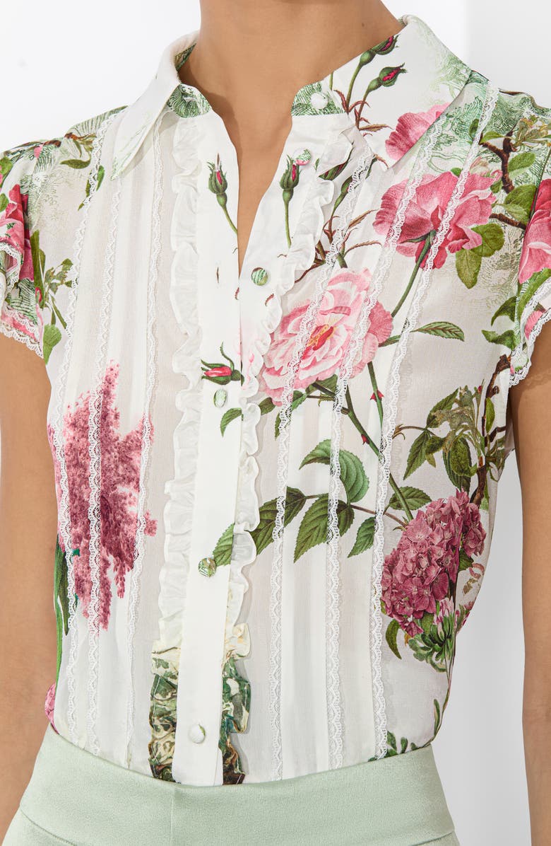 Alice + Olivia Minda Ruffle & Lace Silk Shirt, Alternate, color, 