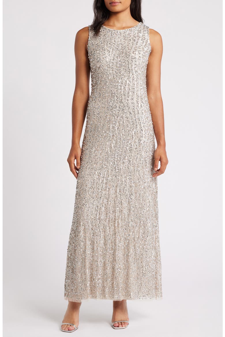 Sequin Stripe Sleeveless Gown, Main, color, SILVER