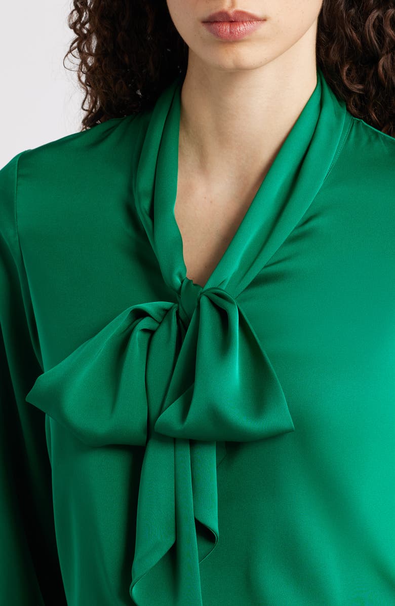 Elie Tahari The Nicoletta Tie Neck Silk Stretch Satin Button-Up Shirt, Alternate, color, Parrot Green