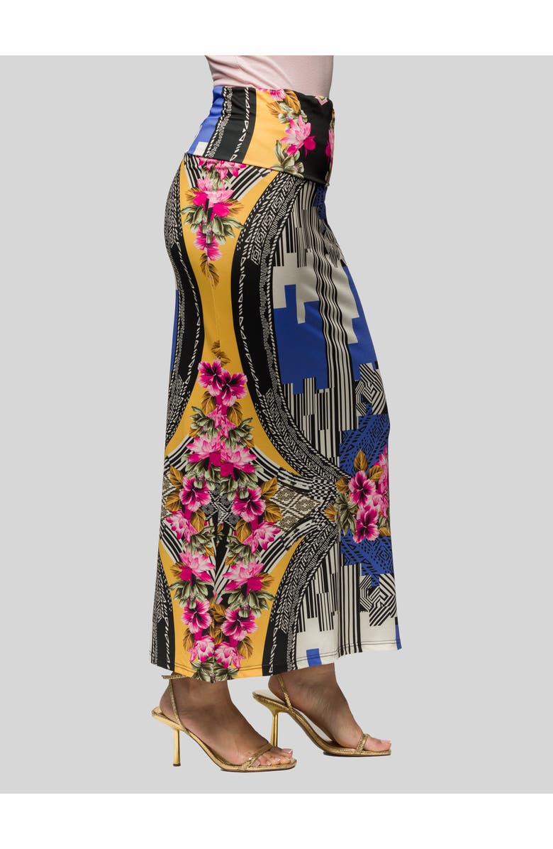 24seven Comfort Apparel Floral Print Foldover Waist Maxi Skirt, Alternate, color, Blue Multi