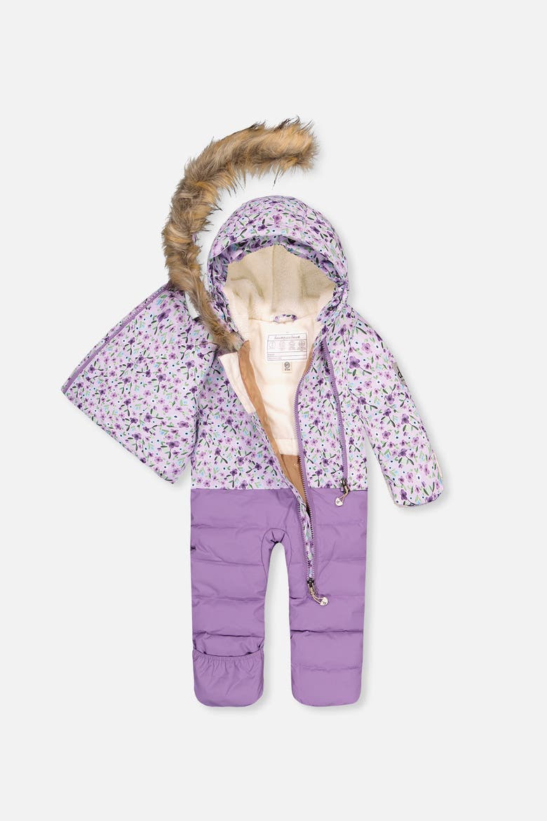 Mini Flowers Snug Car Seat Fleece Neckwarmer One Piece Snowsuit, Alternate, color, Purple Printed Mini Flowers