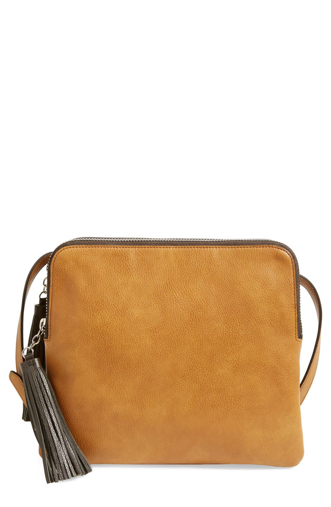 'Flat Pack' Tassel Faux Leather Crossbody Bag, Main, color, TAN DALE