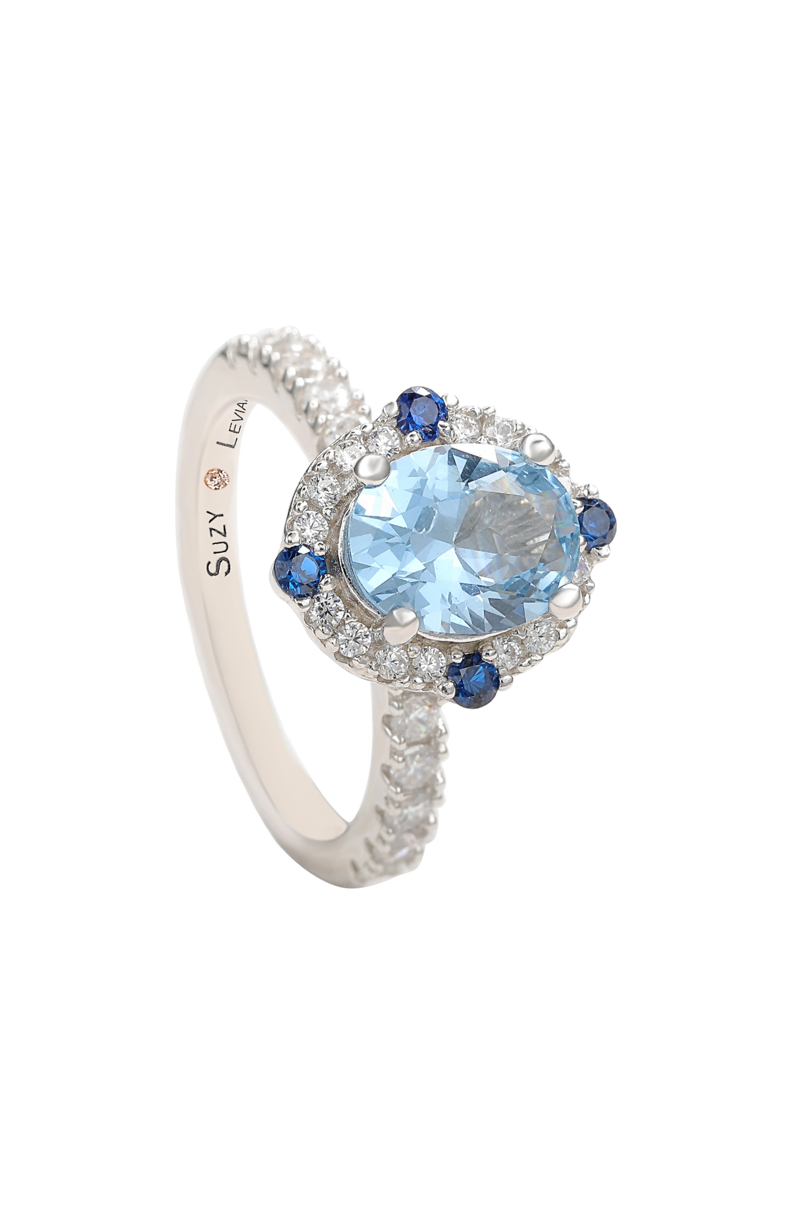 SUZY LEVIAN Sterling Silver Blue CZ Pavé Halo Ring