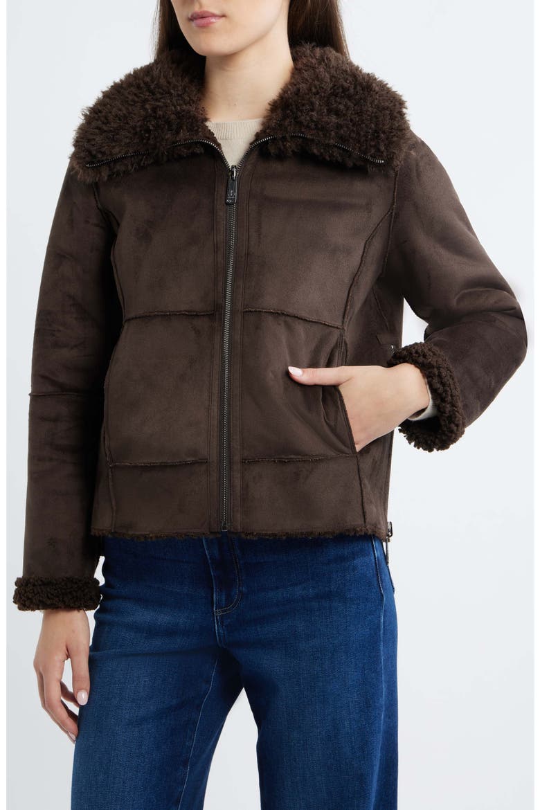 Zip Front Faux Shearling Jacket, Alternate, color, DARK BROWN