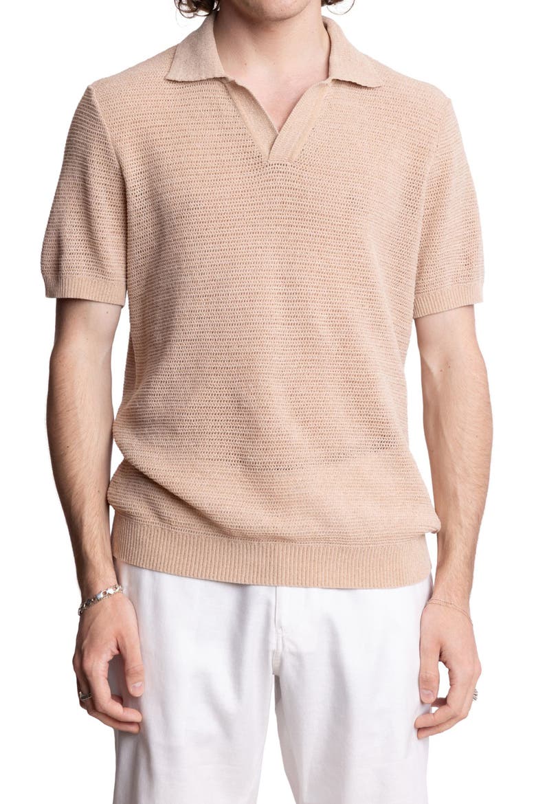 Open Knit Johnny Collar Polo, Main, color, TAN CHENILLE