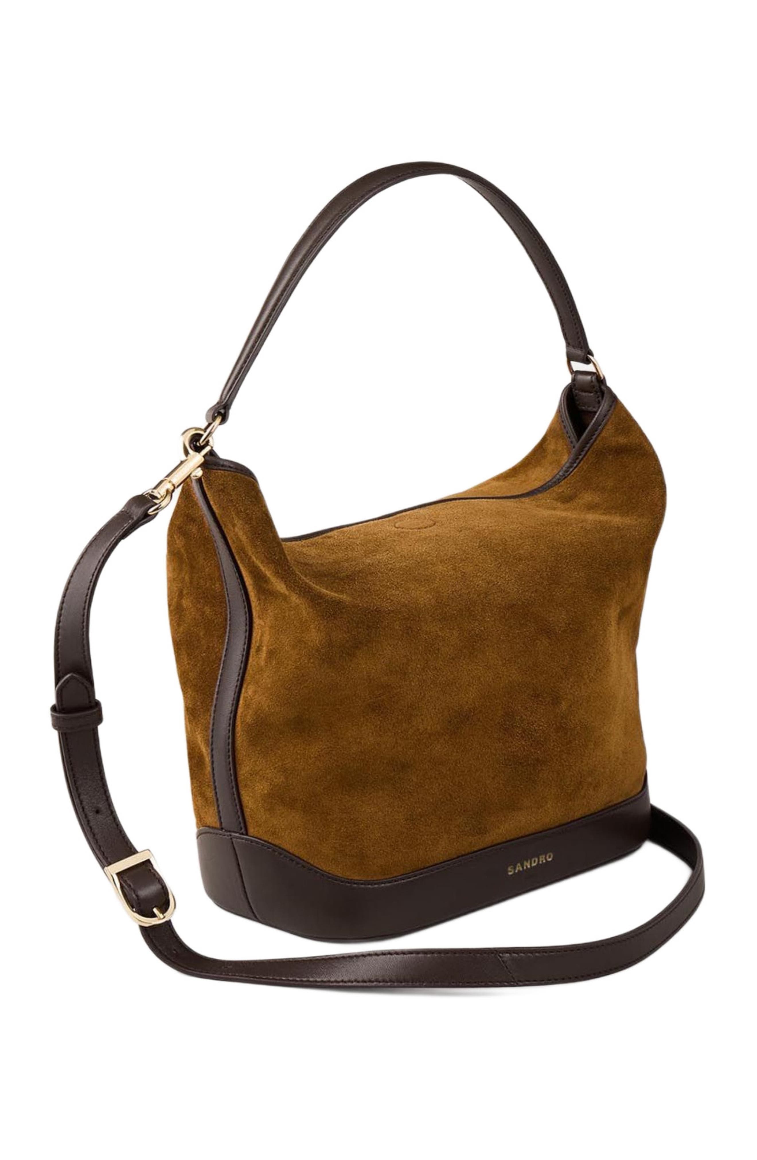 SANDRO Suede and leather bucket bag TANGOSO, Alternate, color, Camel