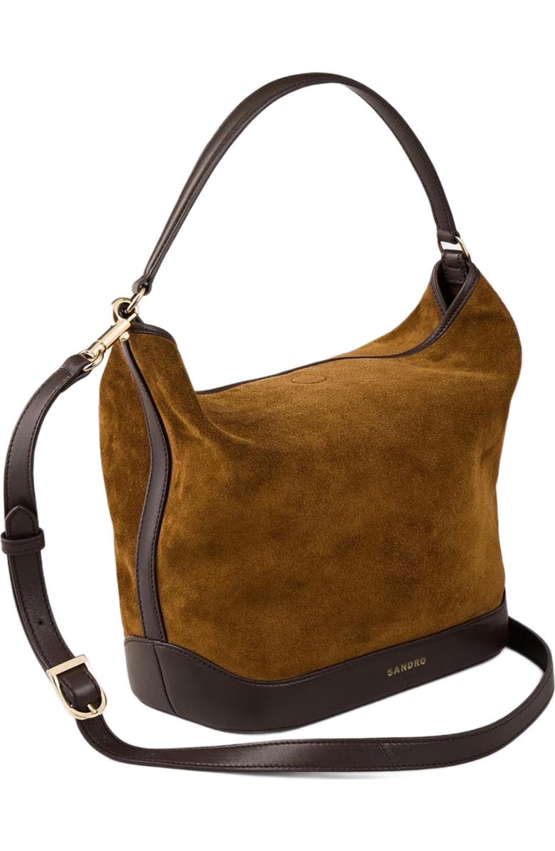 SANDRO Suede and leather bucket bag TANGOSO, Alternate, color, Camel