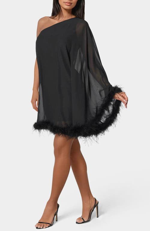 Bebe One Shoulder Feather Cape Dress In Black