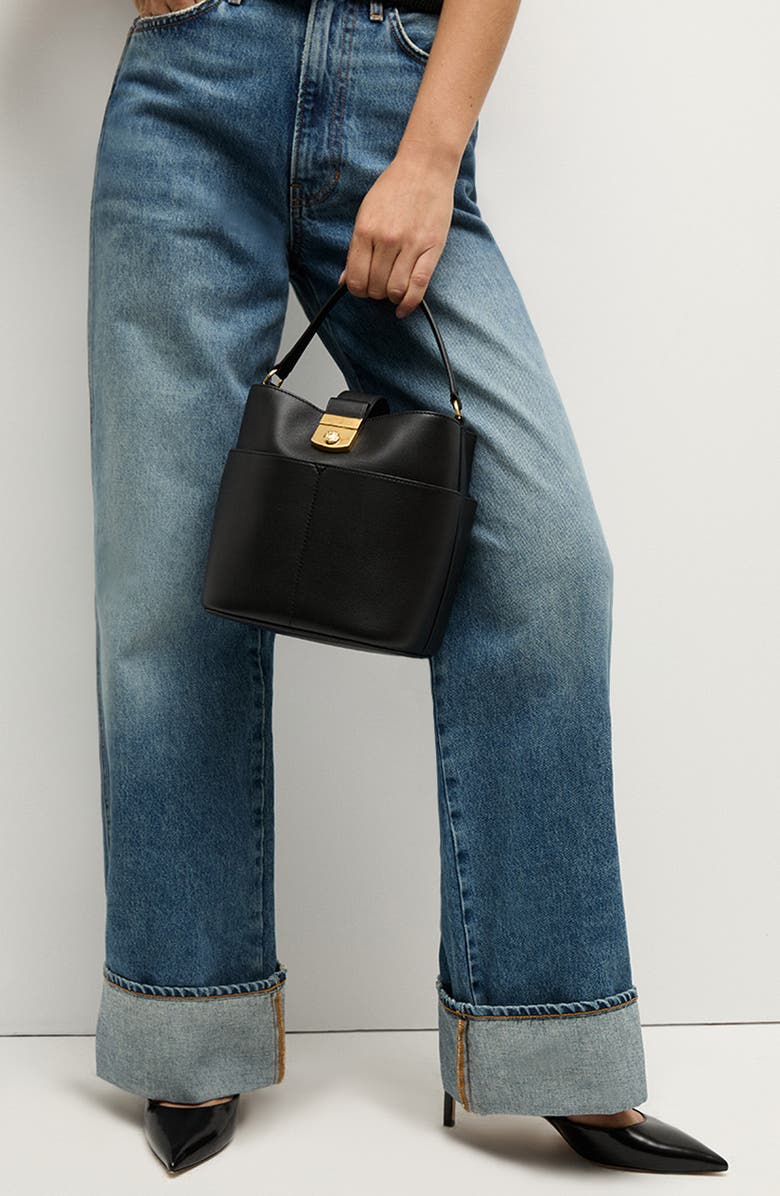 Veronica Beard Small Crest Lock Leather Bucket Bag, Alternate, color, Black