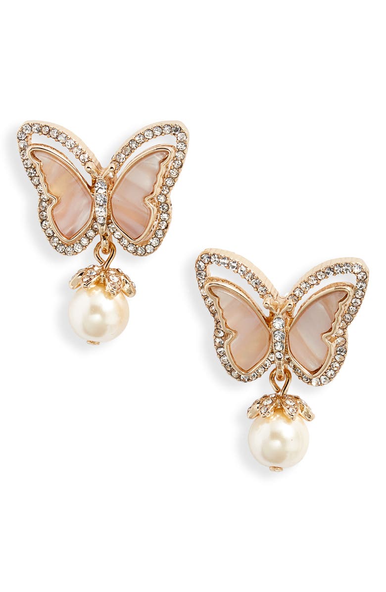 Marchesa Wonder Wings Butterfly Imitation Pearl Drop Earrings, Main, color, 