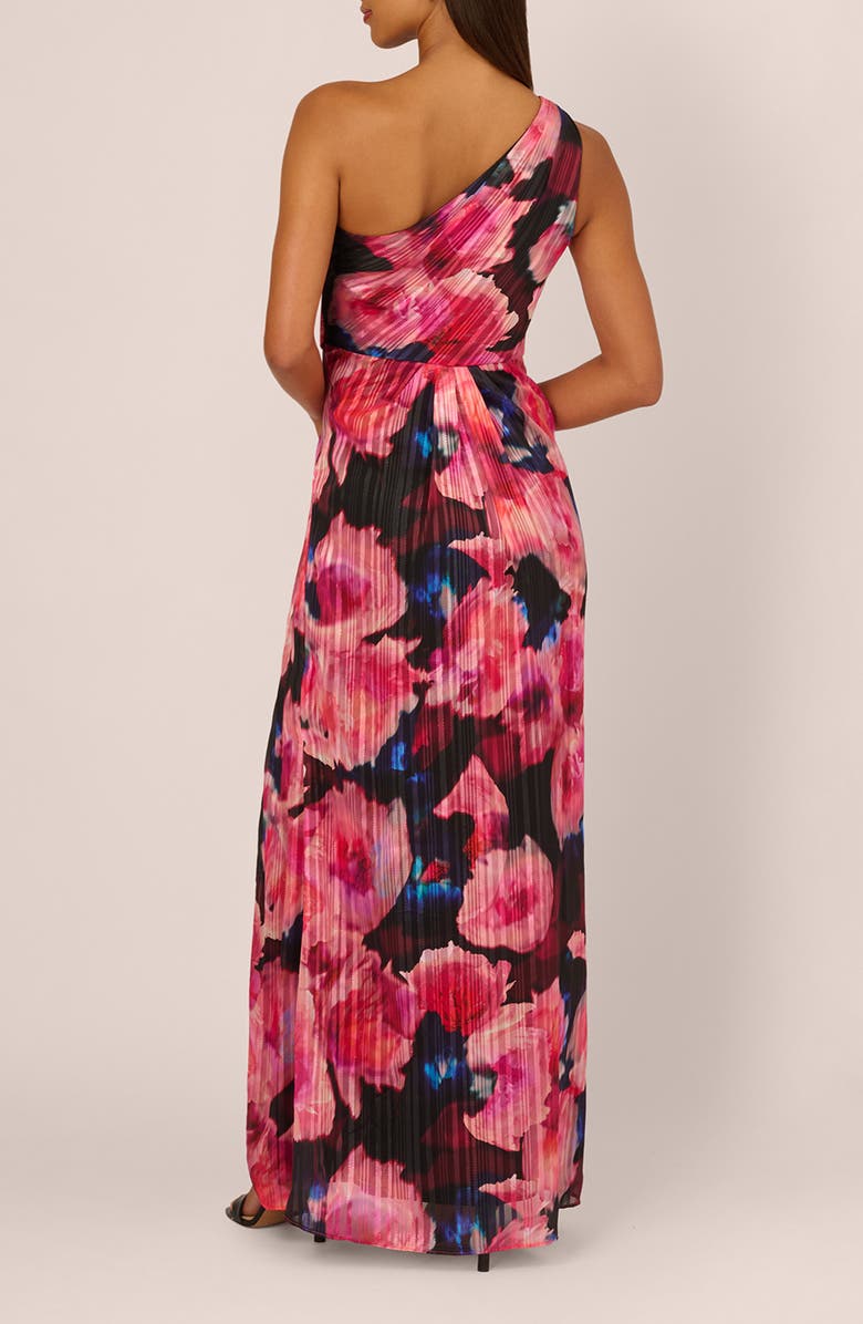 Adrianna Papell Pleated Floral One-Shoulder Chiffon Gown, Alternate, color, Black/Berry