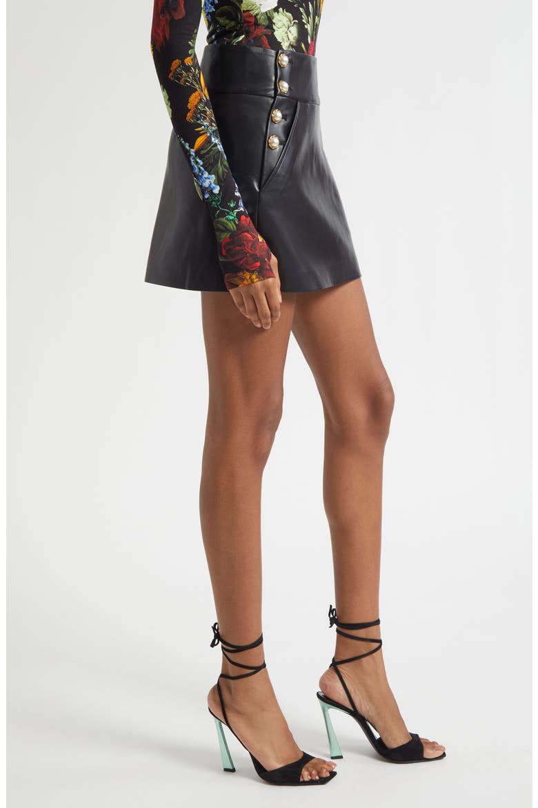 Donald Button Trim Faux Leather Miniskirt, Alternate, color, BLACK