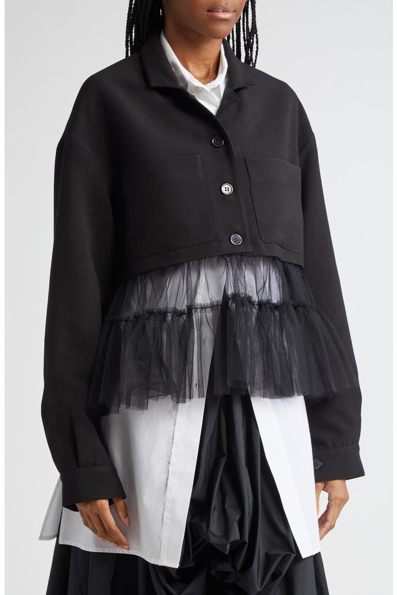 Kiri Tulle Hem Trucker Jacket, Alternate, color, BLACK