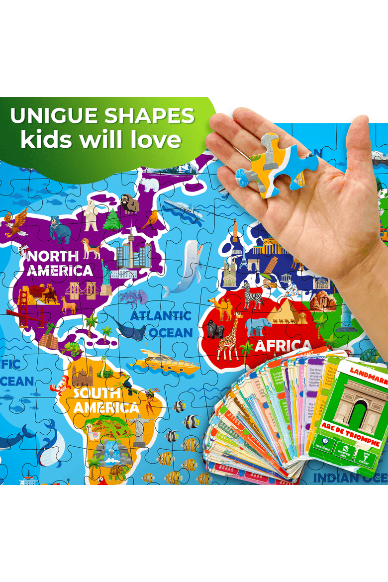 Kids Jigsaw Puzzles - 70 & 150 Piece Search & Find Riddle Puzzles with Flashcards, Alternate, color, 150Pcs World Map