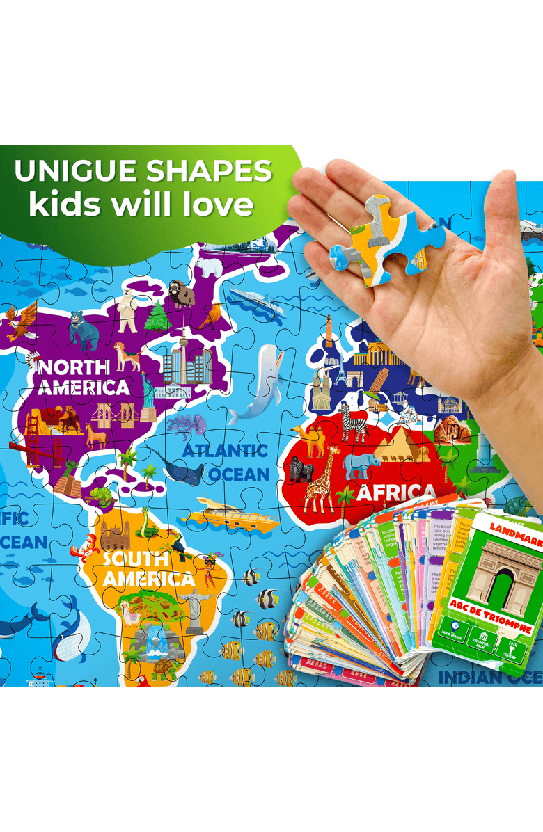 Quokka Search & Find Riddle Puzzles for Kids - 70 & 150 Piece Jigsaw Puzzles with Flashcards, Alternate, color, 150Pcs World Map