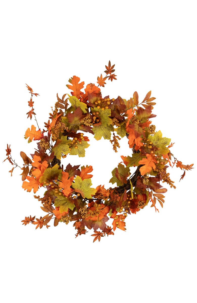 Northlight Mixed Autumn Leaves and Golden Berries Artificial Fall Harvest Twig Wreath - 22", Main, color,
