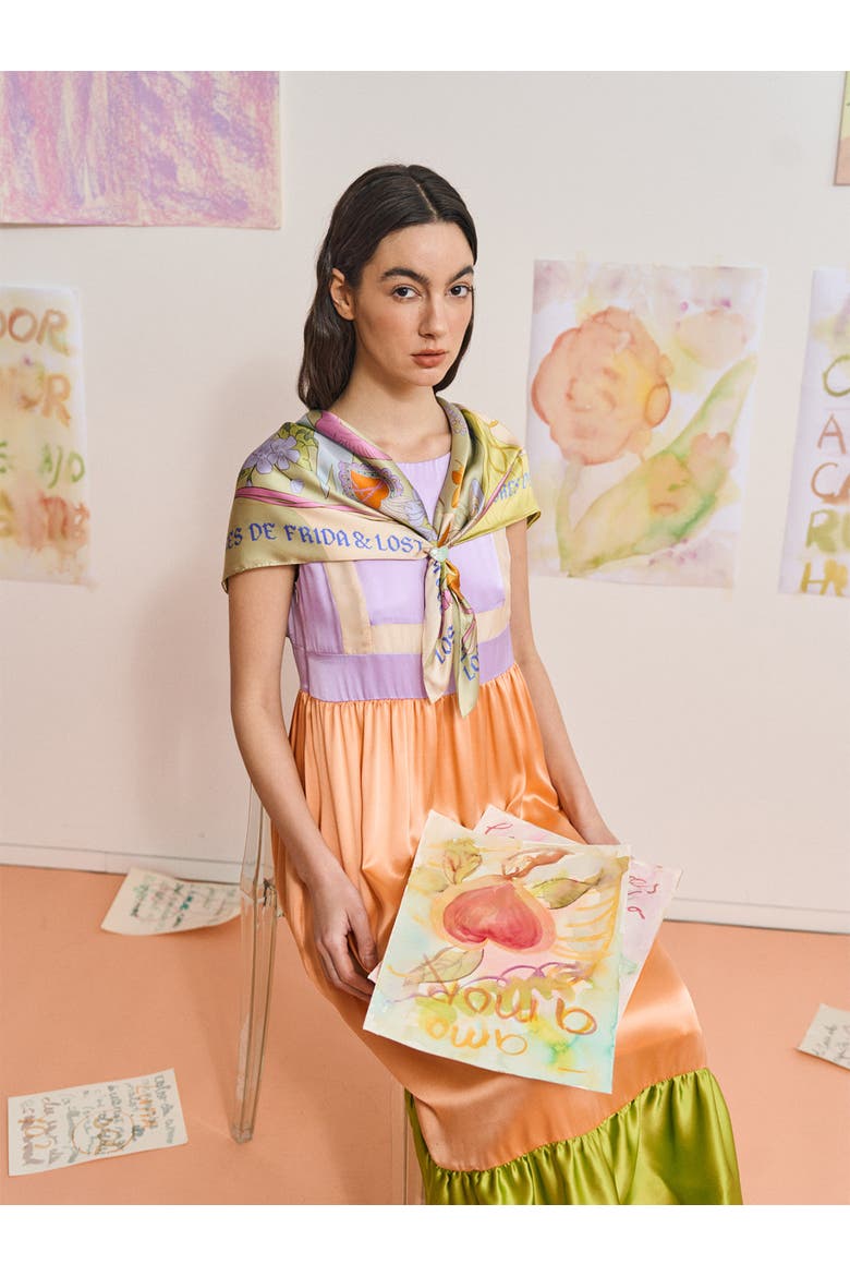 FRIDA x LOST PATTERN "Los Amores de Frida" Large Silk Scarf, Alternate, color, Pastel