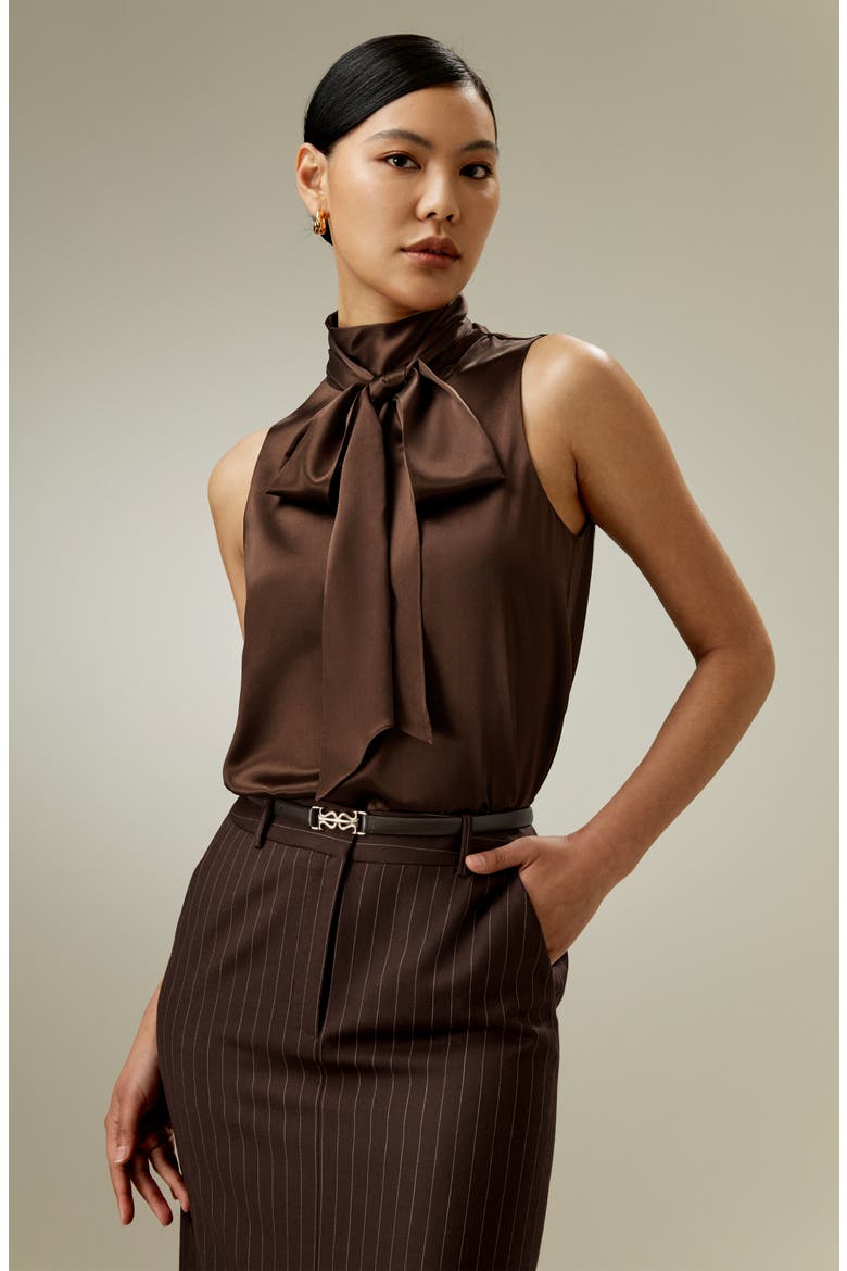 Women's Sleeveless Tie-Neck Silk Blouse, Alternate, color, Chocolate