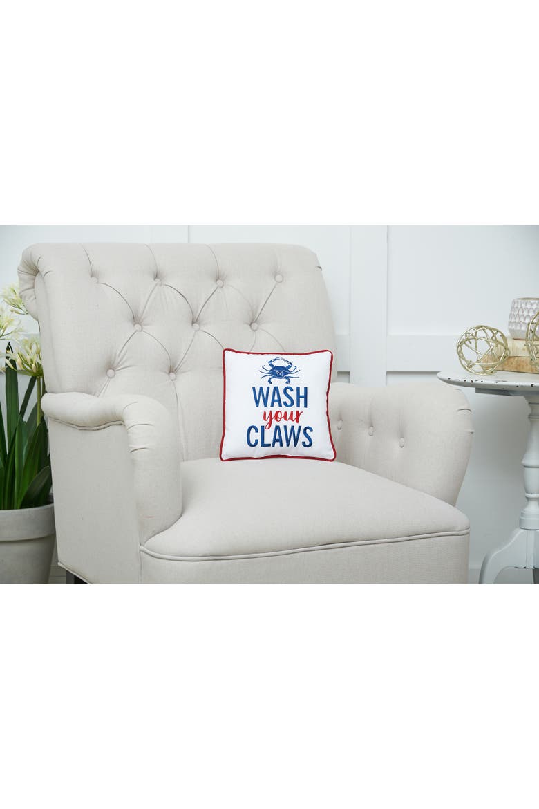 "Wash Your Claws" Blue Crab Mini Cotton Blend Accent Pillow 10" x 10", Alternate, color, Blue