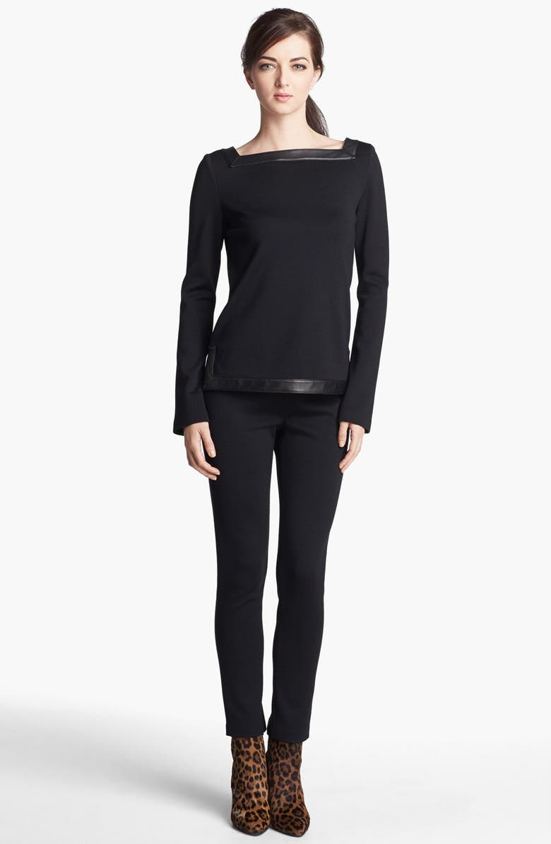 St. John Collection Leather Trim Milano Knit Top, Alternate, color, 