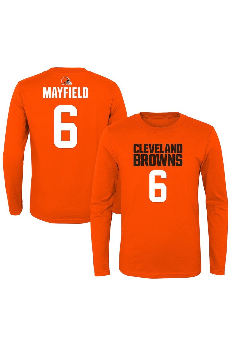 Youth Baker Mayfield Orange Cleveland Browns Mainliner Player Name & Number Long Sleeve T-Shirt, Main, color, Orange