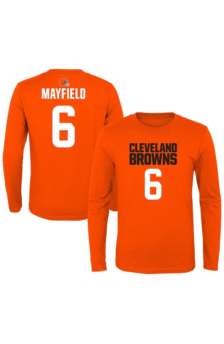 Outerstuff Youth Baker Mayfield Orange Cleveland Browns Mainliner Player Name & Number Long Sleeve T-Shirt, Main, color, 
