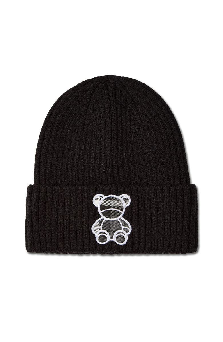 MeMoi Plaid Bear Ribbed Embroidered Beanie, Main, color, Black
