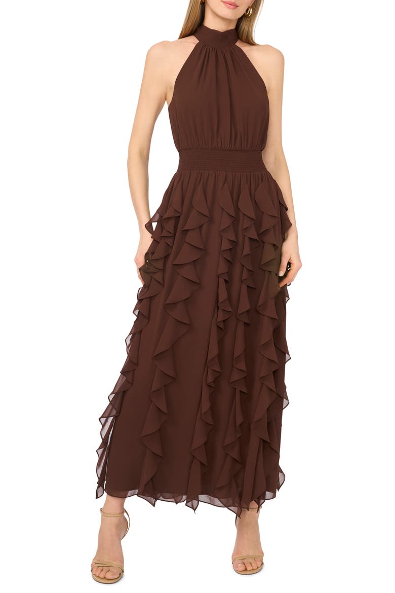 Flounce Cascading Sleeveless Maxi Dress, Main, color, CHICORY COFFEE