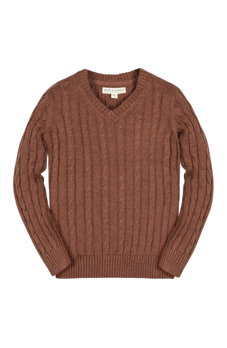 Hope & Henry Baby Boys' Organic Fine Gauge Cable V-Neck Sweater, Infant, Main, color, Cinnamon Heather Cable