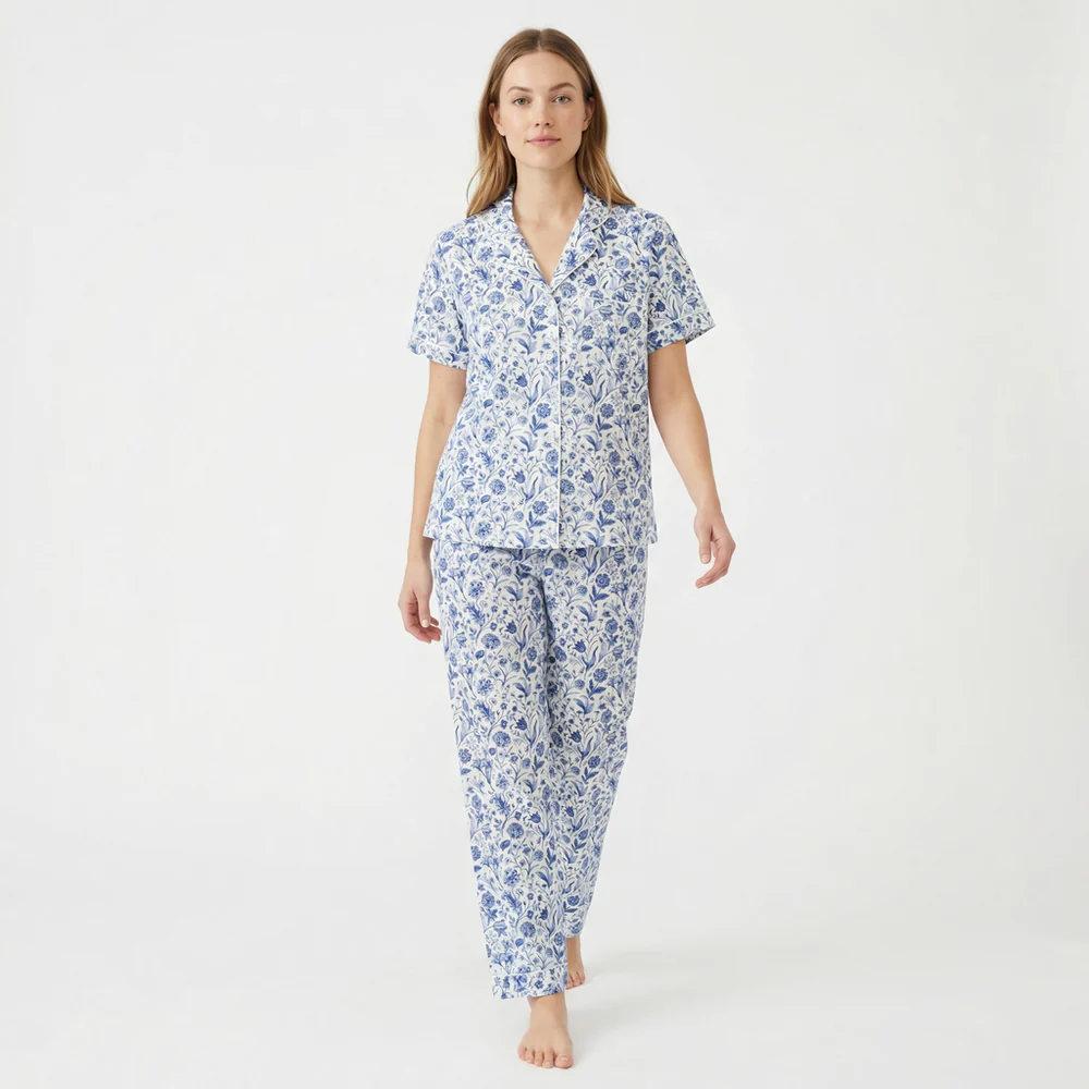 Motette Short Sleeve And Long Pants Pajama Set In Blue