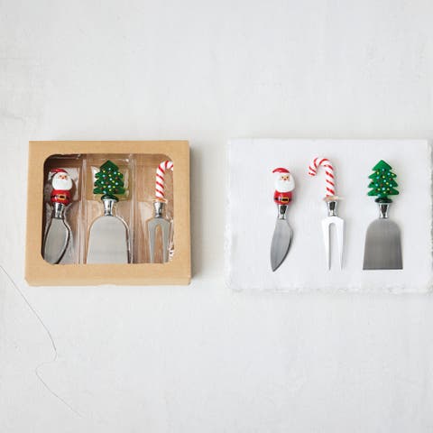 3-Piece Stainless Steel Cheese Knives with Hand-Blown Glass Holiday Icon Handle
