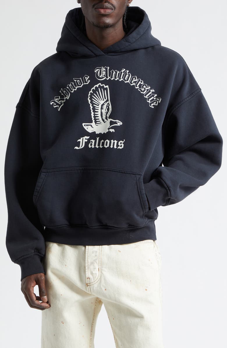 Rhude Collegiate Falcons French Terry Graphic Hoodie, Main, color, Vintage Black/ White