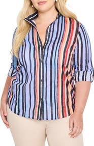 NIC+ZOE Painted Peninsula Cotton Stand Collar Button-Up Shirt