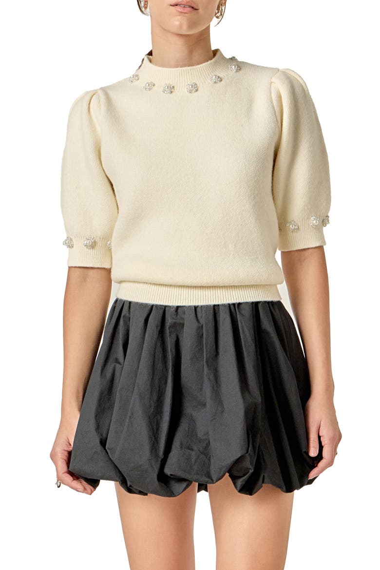 Faux Pearl Embellished Short Sleeve Sweater, Main, color, WHITE