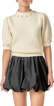 English Factory Faux Pearl Embellished Short Sleeve Sweater