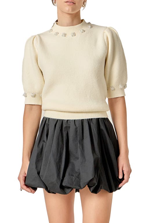 English Factory Faux Pearl Embellished Short Sleeve Sweater In Neutral