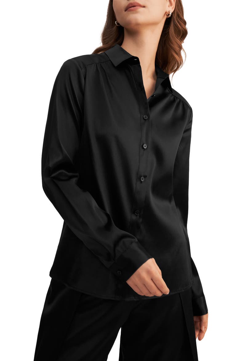 Long Sleeves Collared Silk Blouse, Main, color, Black