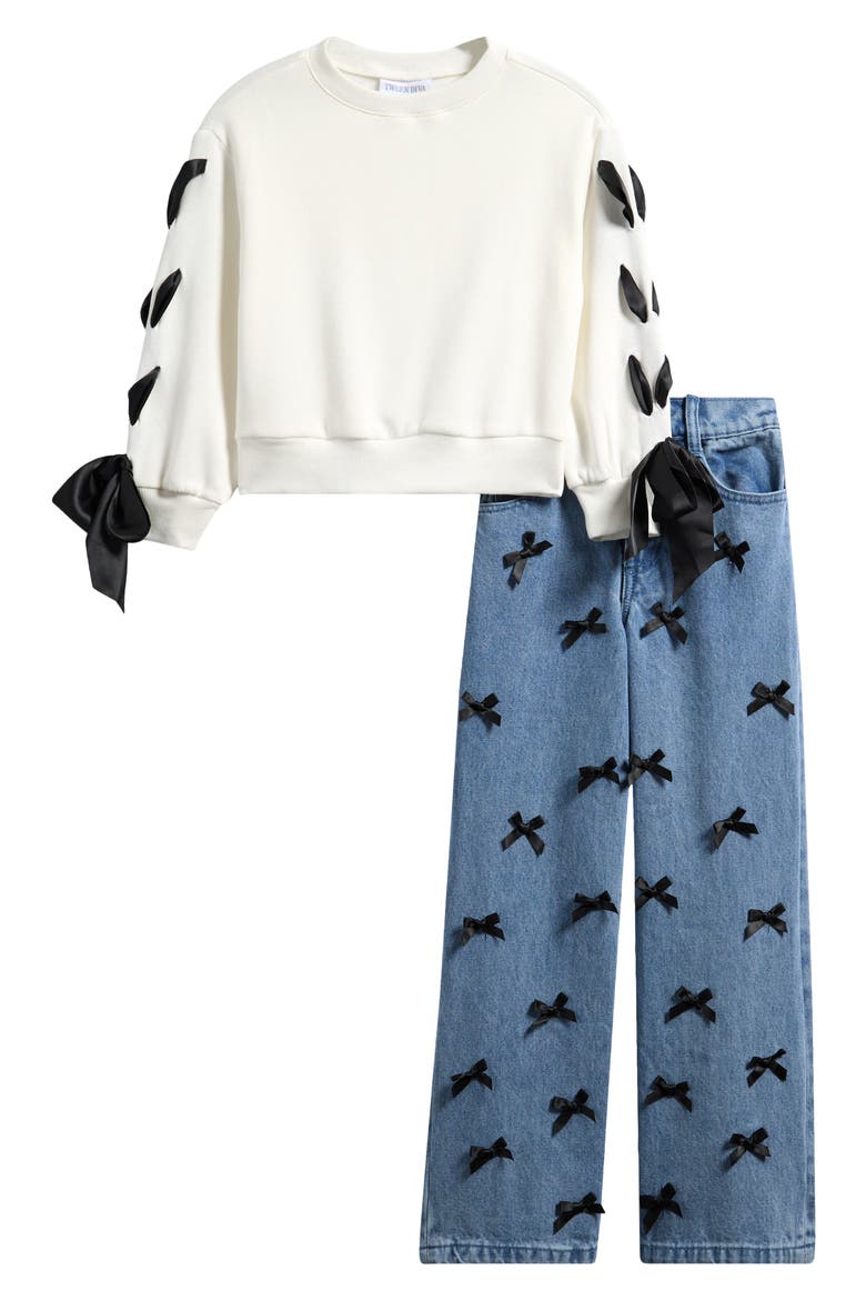 Kids' Ribbon Laced Sweatshirt & Bow Jeans Set, Main, color, IVORY