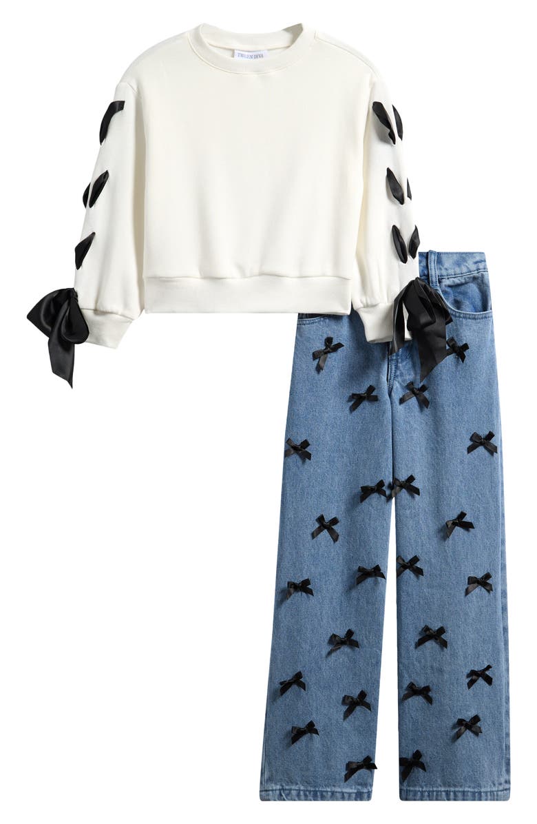 Tween Diva Kids' Ribbon Laced Sweatshirt & Bow Jeans Set, Main, color, Ivory