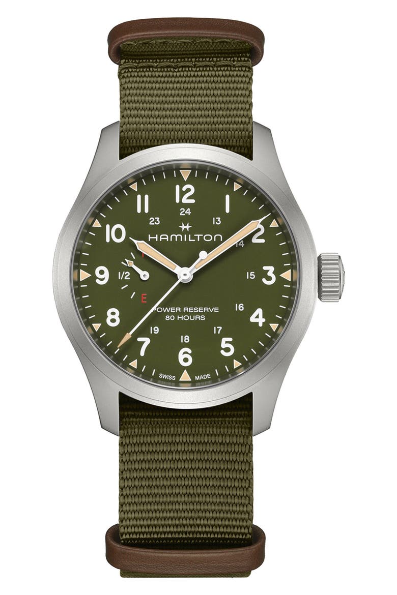Khaki Field Mechanical Power Reserve Web Strap Watch, 40mm, Main, color, GREEN
