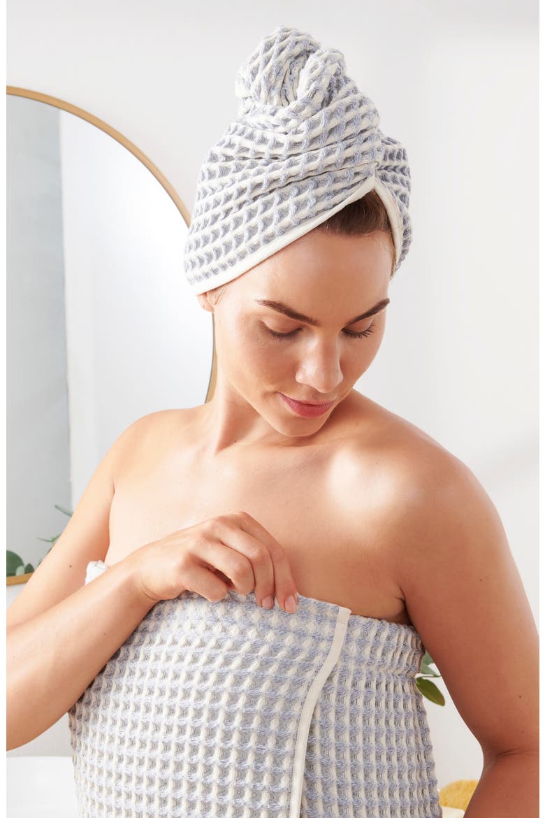 Pure Yarn Dyed Cotton Waffle Body Wrap & Hair Wrap Set, Alternate, color, CHAMBRAY BLUE
